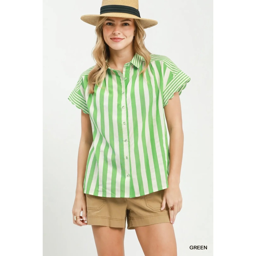 Umgee Striped Button Front Flutter Sleeve Top‎ - Medium